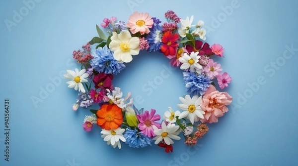 Fototapeta A delicate floral wreath in a circular pattern, featuring a variety of colorful flowers arranged in a harmonious design