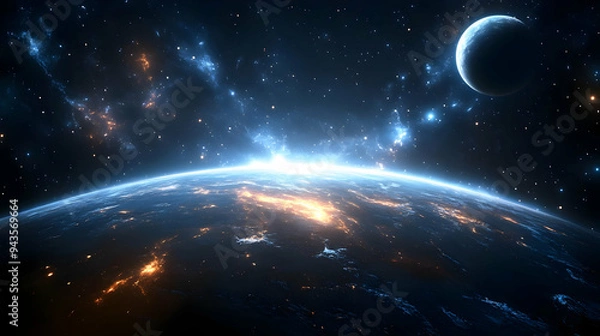 Fototapeta A distant planet with a moon, with shining stars and an aurora borealis in the background.