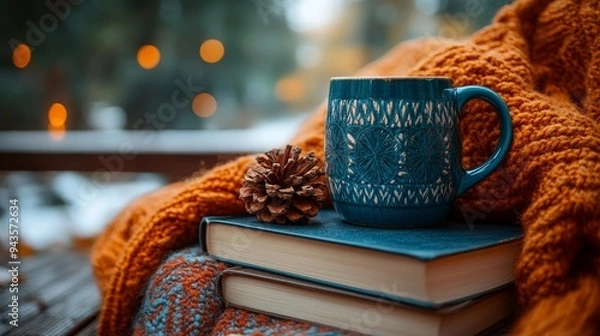 Fototapeta A cozy gathering of books, a mug, and a pinecone on a knitted blanket in a serene winter setting