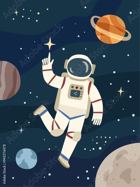 Fototapeta Spaceman in outer space, man in astronaut costume flying among planets and stars, flat cartoon vector background. Spaceman in cosmos, science in cosmos, astronomy backdrop