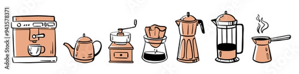 Fototapeta Equipment and tools for making coffee. Vector isolated set of coffee brewing methods. Retro coffeemaker, french press and italian geyser, turkish cezve. Cafe or restaurant, home preparing methods
