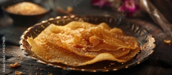 Fototapeta A traditional Andhra sweet Pootharekulu is a delicate sweet treat from Andhra Pradesh It features a thin rice sheet filled with dry fruits sugar or jaggery typically seen in copy space images