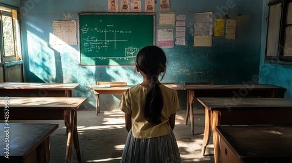 Obraz back view of indian girl looking at blackboard in school