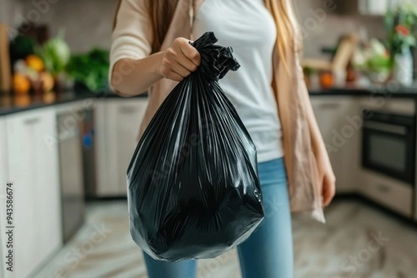 Fototapeta Woman taking out the trash in a modern kitchen with a full garbage bag.
