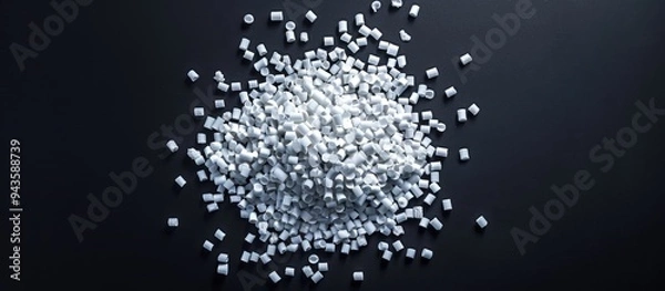 Fototapeta Virgin plastic granules isolated on a black background for an industrial product catalog banner design featuring copy space image