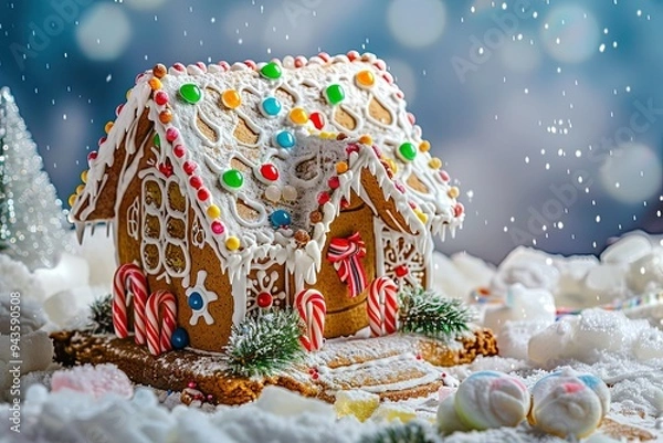 Fototapeta  A Christmas card close-up featuring a gingerbread house covered in icing, candy canes, and gumdrops, surrounded by snow