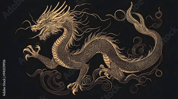Fototapeta A Golden Dragon Vector Illustration on a Black Background, Exuding Majesty and Power, Perfect for Representing Strength, Prosperity, and Traditional Chinese Symbolism, Ideal for Use in Logos, Digital 