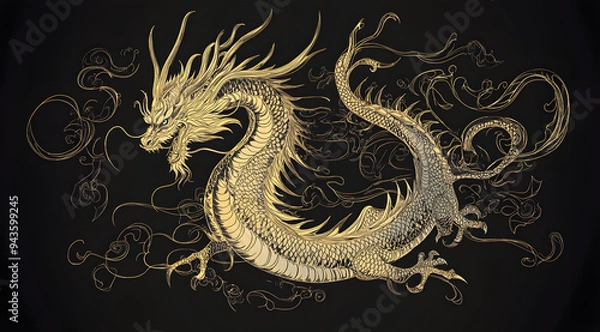 Fototapeta A Golden Dragon Vector Illustration on a Black Background, Exuding Majesty and Power, Perfect for Representing Strength, Prosperity, and Traditional Chinese Symbolism, Ideal for Use in Logos, Digital 