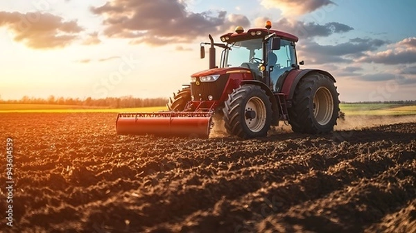 Fototapeta Red tractor plowing a field at sunset with a dramatic sky.