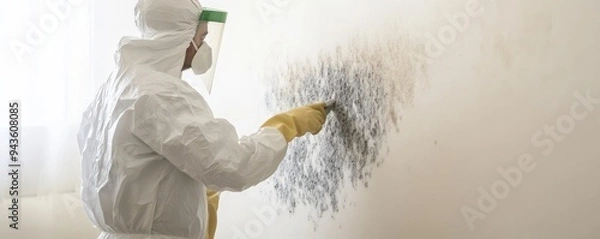 Fototapeta Professional in protective gear removing mold from a wall in a bright indoor environment, ensuring safety and cleanliness.