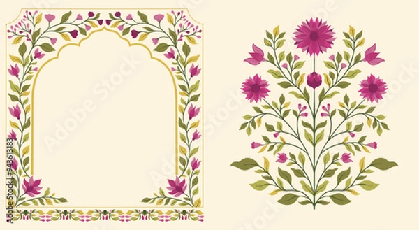 Fototapeta Mughal decorative ornamental floral. Vintage intricate traditional mughal style with flowers and foliage.