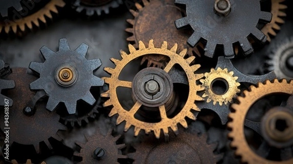 Fototapeta A close-up view of interlocking gears showcasing intricate details and textures in metal, highlighting the beauty of machinery.