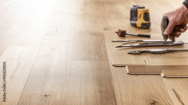 Fototapeta A craftsman works on wooden flooring, using hand tools for precise installation, showcasing craftsmanship and attention to detail.