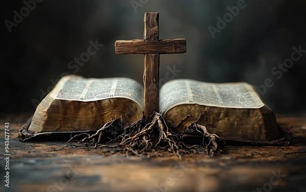 Fototapeta A wooden cross is placed on an open Bible, with rays shining from it and roots growing out of the pages. 