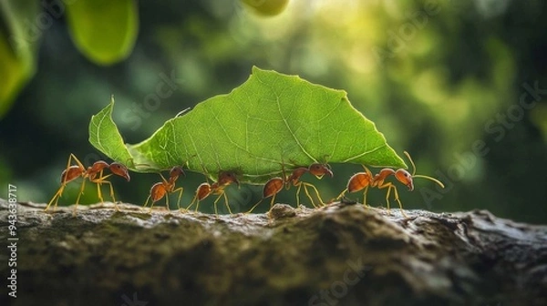 Fototapeta A team of ants carrying large leaves together, demonstrating incredible teamwork and strength.
