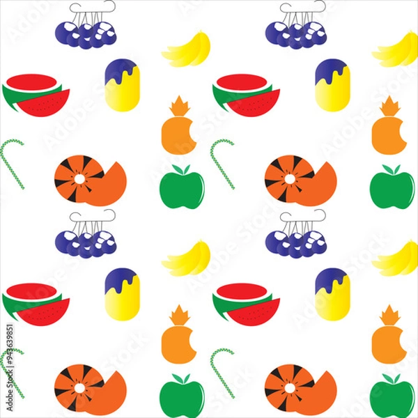 Fototapeta FruitA playful vector pattern featuring various fruits like apples, bananas, grapes, oranges, watermelons, and pineapples, along with ice cream and candy. Ideal for summer-themed projects, kids' produ