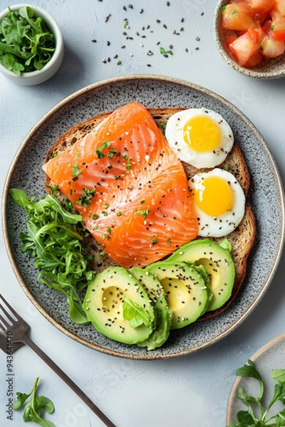 Obraz Top View Healthy Breakfast Composition. Top view of a healthy breakfast plate with avocado, smoked salmon, eggs, and greens.