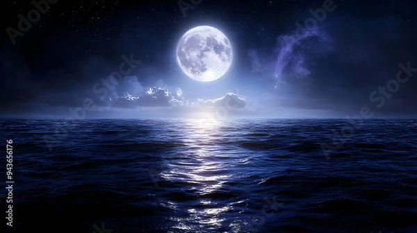 Fototapeta A full moon shines brightly over a calm ocean at night, illuminating the water with its glow.