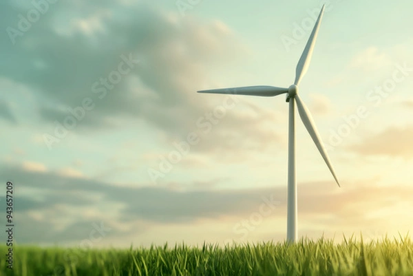 Fototapeta A serene wind turbine standing tall in a green field under a bright sky, symbolizing renewable energy and sustainability.