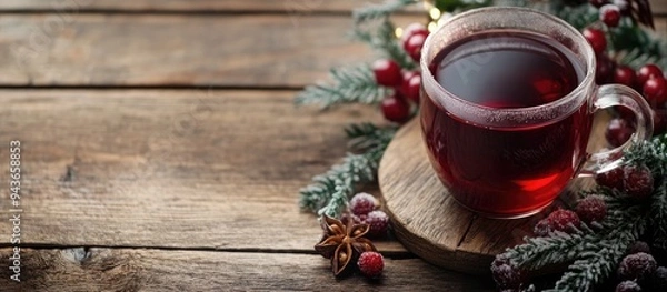 Fototapeta Christmas hot healthy berry tea on a rustic wooden table Copyspace