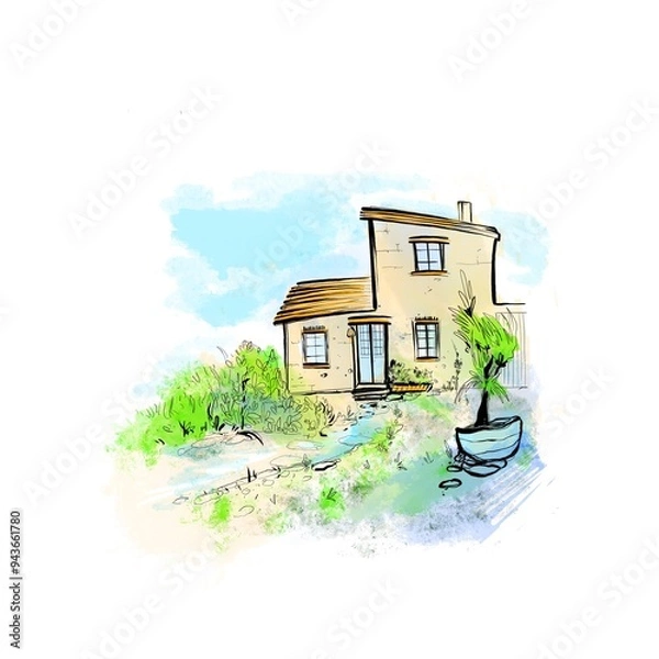 Obraz Quick sketching illustration of the house and the green garden