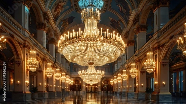 Fototapeta A large room with many chandeliers hanging from the ceiling
