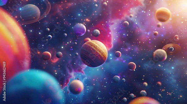 Obraz Cinematic whimsical photography of colorful galaxy with colorful and bright nebulas as well us different planets with different terrains
