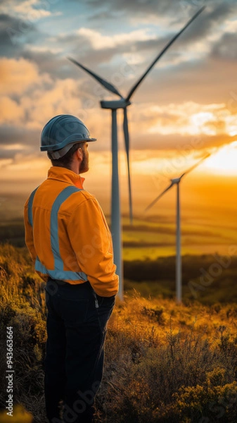 Obraz Worker Observing Wind Turbines at Sunset