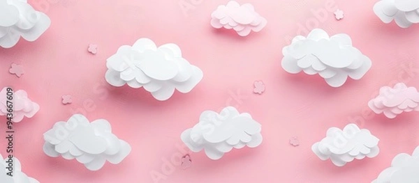 Fototapeta White paper cut out clouds set against a pink background Flat lay mock up copyspace