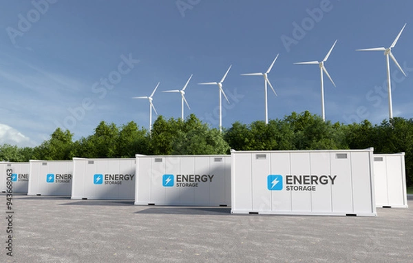 Fototapeta Energy storage systems with wind turbines, Green alternative energy concept. 3D illustration