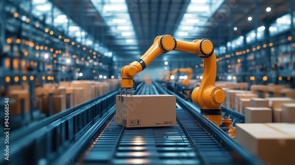 Obraz Robotic Arm on Conveyor Handling Warehouse Boxes. Robotic arm operates on a conveyor belt, handling cardboard boxes in a large, modern, automated warehouse setting.