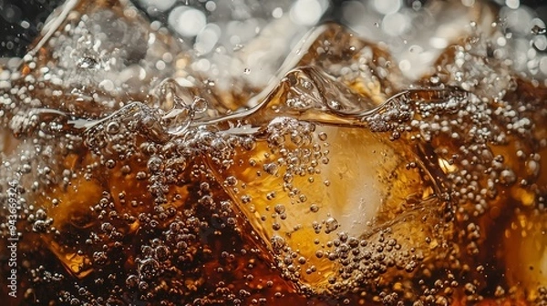 Obraz A zoomed-in view of a cola drink with ice, capturing the bubbly texture and refreshing look
