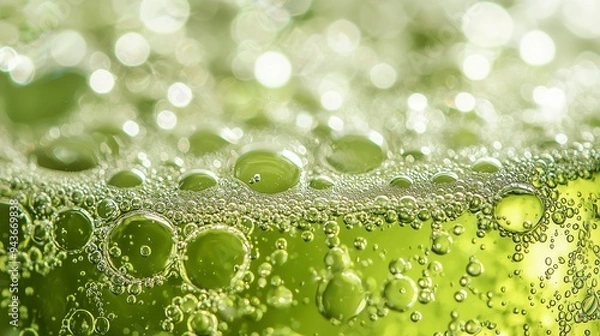 Fototapeta A close-up view of green soda with bubbles, emphasizing its fizzy and refreshing appeal