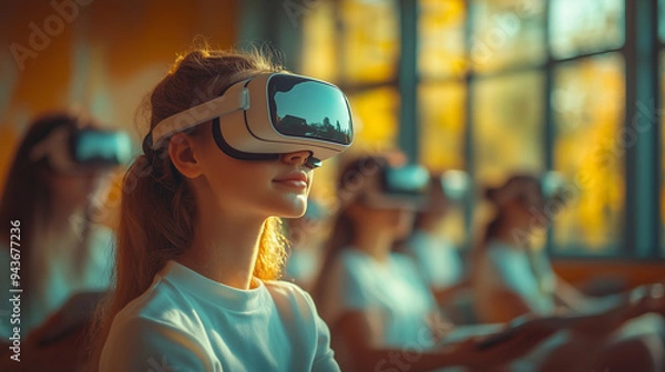 Fototapeta Female in VR headset with virtual interface. Futuristic classroom with students using VR. Virtual reality, augmented reality concept. VR / AR metaverse simulation. Future technology at school.