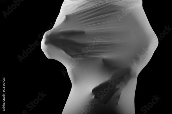 Obraz Screaming human hands pressing through fabric as horror background