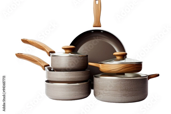 Fototapeta Kitchen Cookware Sets With Nonstick Frying Pan On Transparent Background 