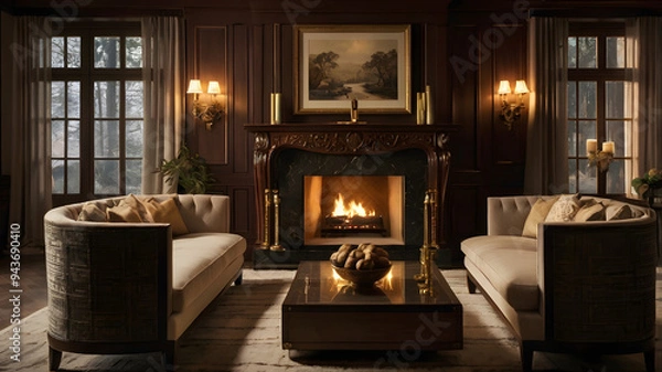 Fototapeta luxury hotel room with fireplace, ai generated