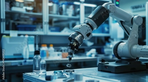 Fototapeta Close-up of a robotic arm performing delicate assembly tasks in an advanced engineering lab