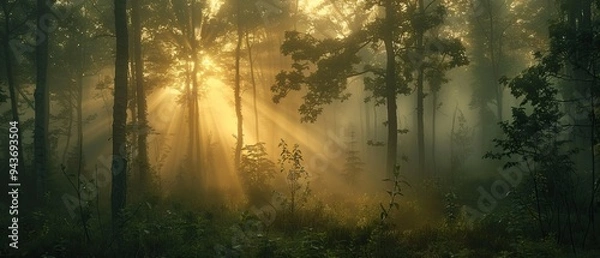 Obraz Sunlit forest with golden light filtering through trees showcasing magical woodland and nature's beauty concept