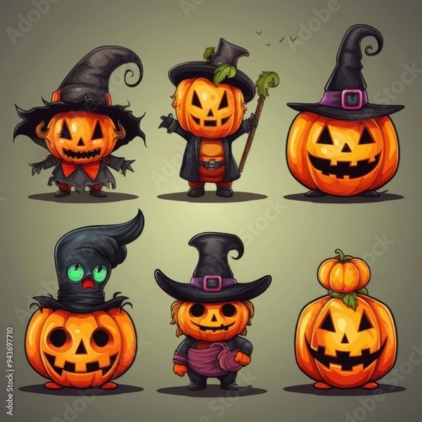 Fototapeta Colorful Halloween characters with quirky pumpkin heads celebrating in a whimsical setting