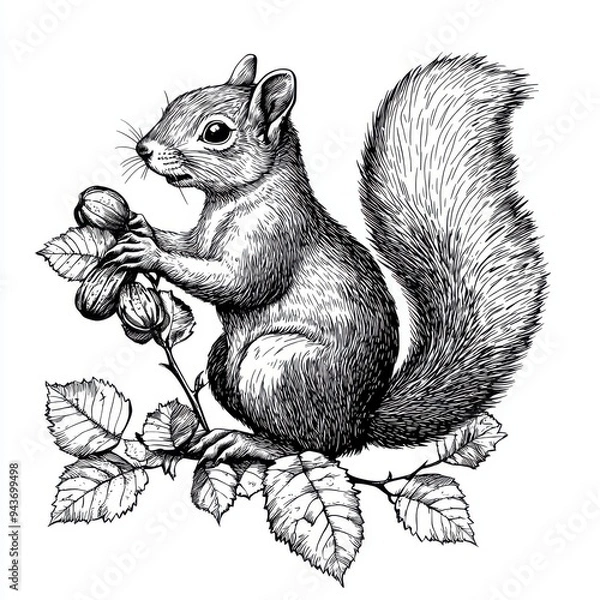 Fototapeta Black and white Vintage engraved art of a squirrel among hazel and walnut bush leaves, isolated on white background, ink sketch illustration, simple vector art design, highly detailed