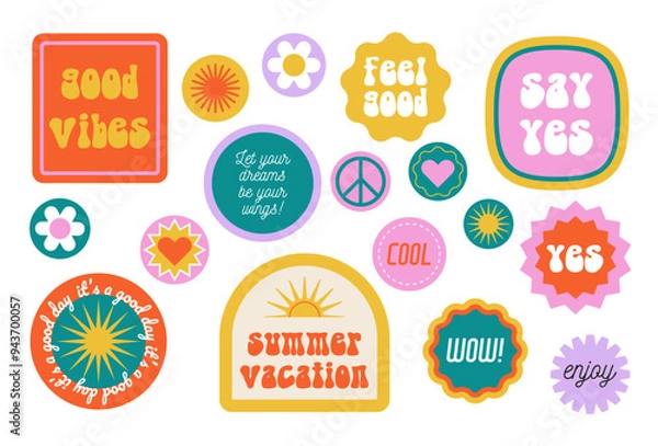 Fototapeta 90s retro elements set. Various stickers collection. Flat vector illustrations isolated on white background