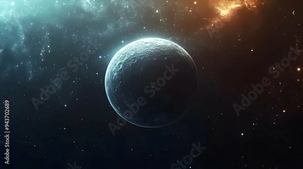 Fototapeta A lone planet in space with a blue glow, surrounded by a vast starry expanse.
