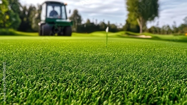 Fototapeta A close-up view of lush green golf course turf with a flagstick and a maintenance vehicle in the background, showcasing pristine landscaping.