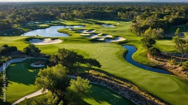Obraz Aerial view of a lush golf course with water features and well-maintained greens, perfect for outdoor sports enthusiasts.