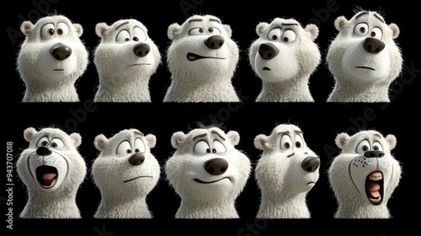Fototapeta A series of expressive polar bear faces showcasing various emotions.