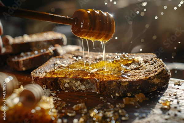 Obraz Honey Drizzling Over Rustic Whole Grain Bread
