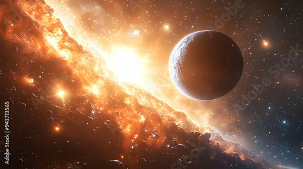 Fototapeta A planet in a cosmic landscape with a blazing nebula behind it and a sun shining brightly in the background.