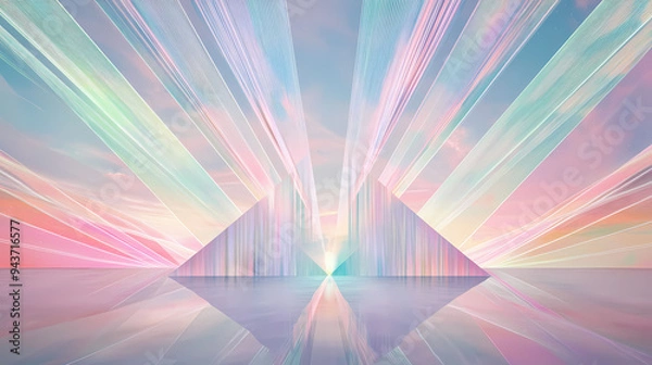 Fototapeta A serene digital landscape featuring vibrant pyramids and radiant light beams, evoking sense of tranquility and wonder.