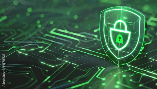 Fototapeta Neon lock icon against a digital circuit background in cyberspace symbolizing cybersecurity, antivirus protection, and digital security measures new stock image illustration AI